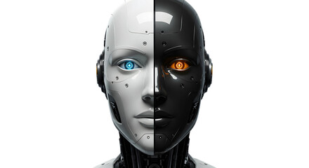 Artificial Intelligence Cyborg With Half-Human Face On Transparent Background
