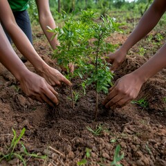 Diverse Hands Planting Young Saplings in Soil, Environmental Conservation Theme