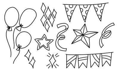 Fototapeta premium set doodle holiday items with balls, flags, confetti. It is suitable decorating materials parties, holidays, advertisements and products related to various celebrations and festive events. birthday