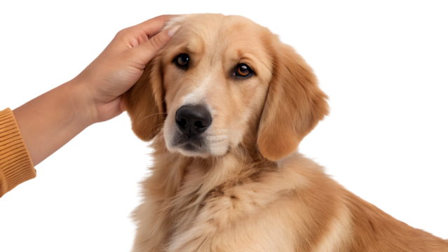 A cute golden retriever puppy and dog with hand pet it, isolated on a white background