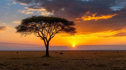 African Sunset: Acacia Tree Silhouetted Against Vibrant Orange Sky