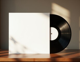 Vinyl record and blank cover mockup on wooden table in sunlight.