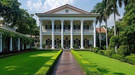 Grand colonial mansion with lush gardens and walkway.