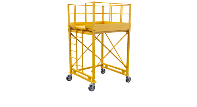 Yellow Mobile Scaffolding Platform With Wheels On Transparent Background
