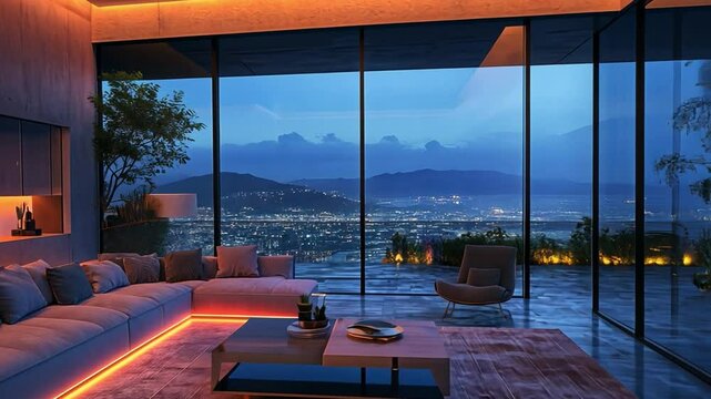 Luxury Living with a View: An expansive living space with floor-to-ceiling windows showcasing a stunning cityscape at dusk, reflecting a modern design ethos.