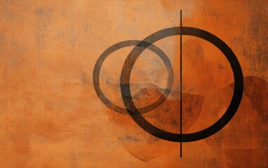 Abstract graphic design featuring two overlapping circles, a vertical line, and a textured orange background