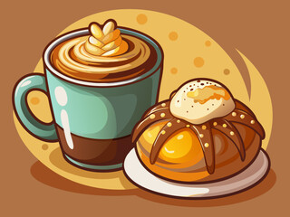 vector of  Hot cappuccino and brioche