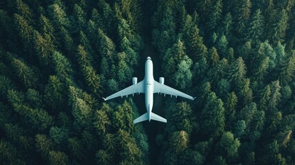 Fototapeta premium Airplane flying over lush green forest.