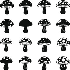 Mushrooms Silhouette collection isolated, Set of Black and White Mushrooms SVG Vector Illustration