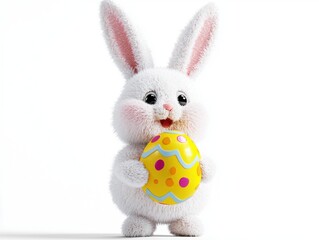 Obraz premium Cute fluffy white rabbit holding colorful Easter egg in hand