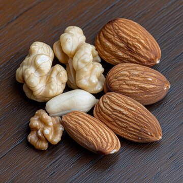 Assortment of Fresh Walnuts and Almonds on Dark Wooden Table