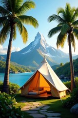 Luxury tent nestled amongst palms, majestic peak visible, idyllic, serene
