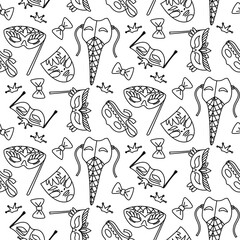 pattern of doodle masks for Mardi Gras. It is useful for decorating materials related to carnival celebrations, creating decorations for events, posters and festive-themed products. Monochrome ruler