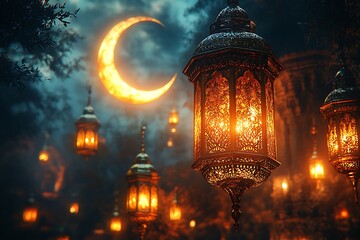 Glowing Lanterns Lighting Up the Night Sky with a Crescent Moon