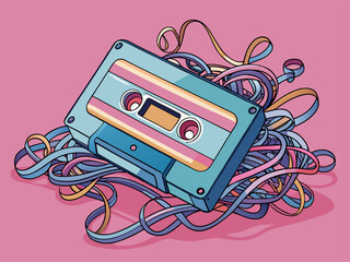 retro cassette tape with tangled tape spilling out, on a pastel pink background.