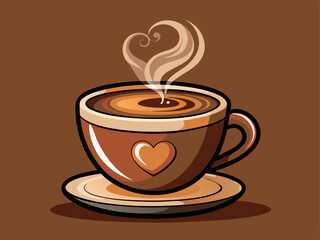 steaming cup of coffee with a heart-shaped foam design, on a warm brown background.