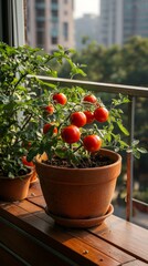 Homegrown Cherry Tomatoes in Clay Pots on Wooden Balcony Railing