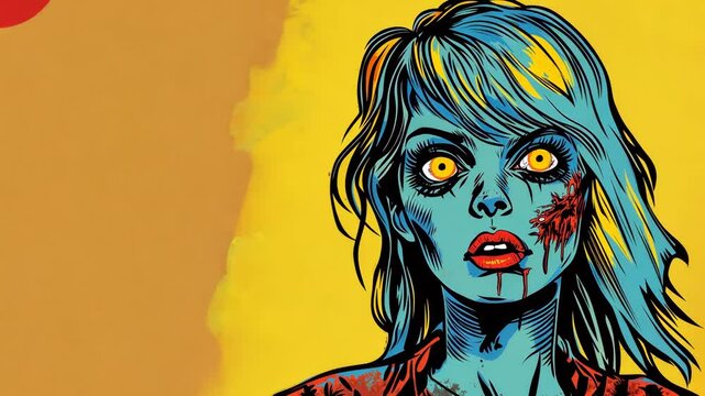 Pop art concept woman in halloween zombie costumes. Colorful background in pop art retro comic style. 2025 Halloween costume party poster background video.