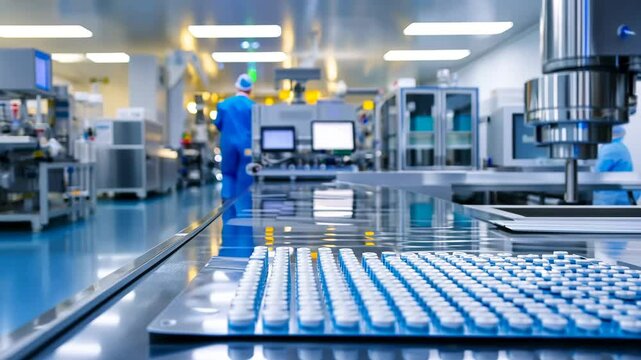 Cutting-edge pharmaceutical plant featuring advanced robotics and stringent cleanroom protocols.