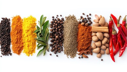 Fototapeta premium A vibrant array of colorful spices artfully arranged on a pristine white surface; a kaleidoscope of flavors captured from above. Black peppercorns add depth to this aromatic tableau