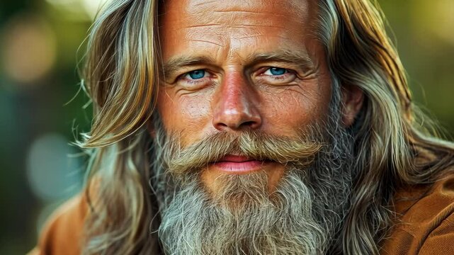 Man with a long beard and mustache is smiling