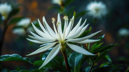 Fototapeta premium White flowers appear like exquisite crowns. This tree has its scientific name. Commonly planted indoors for good fortune.