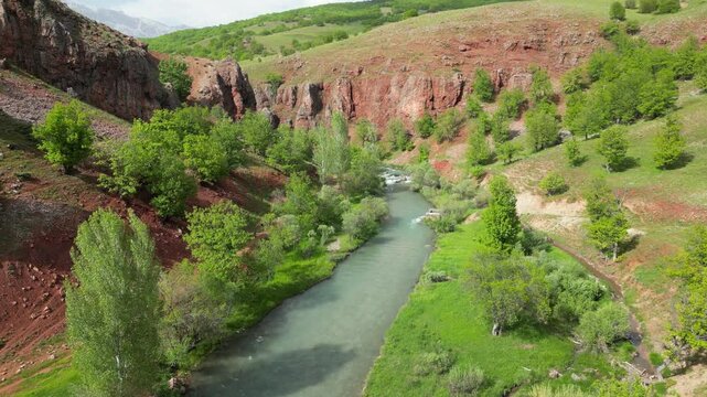 Drone flight over river
