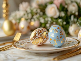 Decorative Easter Eggs on Elegant Table with Floral Arrangement