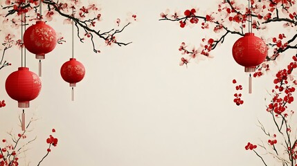 Obraz premium Beautiful illustration of cherry blossoms and red lanterns on a neutral background, symbolizing spring and cultural celebrations.