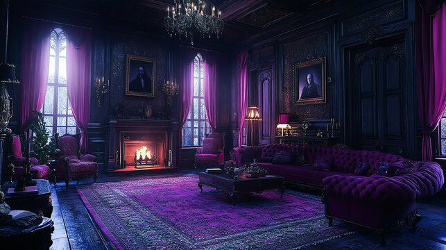 An antique vampire castle is set in an elegant Victorian living room for adventure games. Castle of Dracula vampire of Transylvania. 3D illustration and Halloween theme and horror background