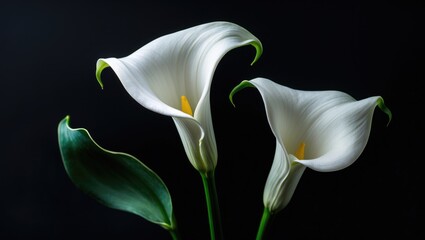 White elegant calla lily blossoms on a dark backdrop, sympathy card, memorial concept image © NeuralNiche