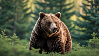 Obraz premium Wild Brown Bear in a summer forest. Animal in its natural environment. Wildlife setting.