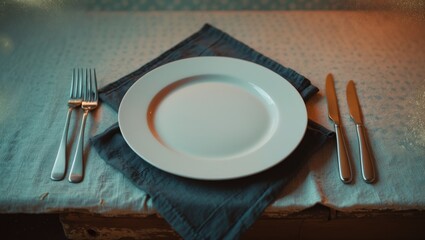 White plate placed on tablecloth with a vintage background.