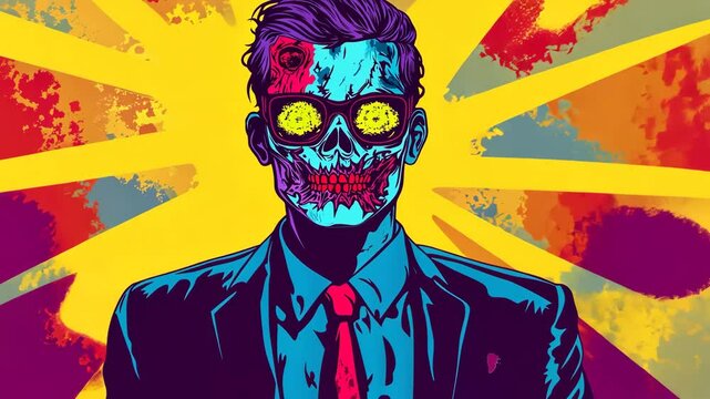 Pop art concept man in halloween zombie costumes. Colorful background in pop art retro comic style. 2025 Halloween party poster background video. Copy paste area 