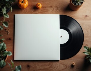 Vinyl record mockup with blank album cover on wooden table.