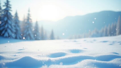 Winter backdrop, descending snow over the terrain featuring copy space.