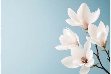 Obraz premium A magnolia tree in bloom, its large white flowers contrasting against a bright blue sky