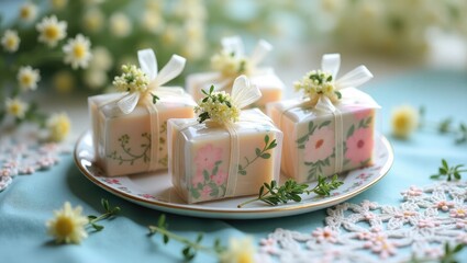 Wedding favors handmade soap gift bag with floral decoration, romantic rustic style table decor.