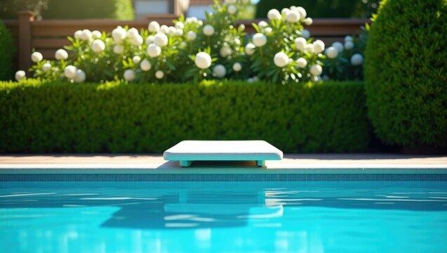 Water-level perspective of a diving board on a sunny and bright day.