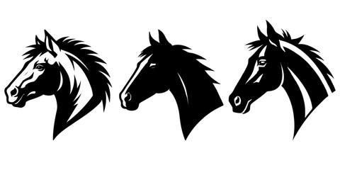 Three horse heads are presented in black and white vector.