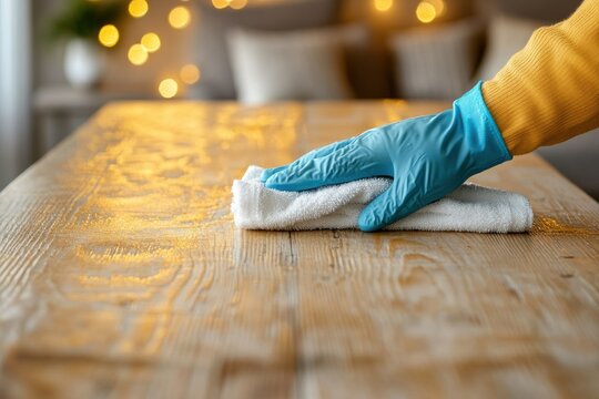 A person uses a white cloth to clean a wooden table while wearing blue gloves, signifying an emphasis on hygiene standards.
