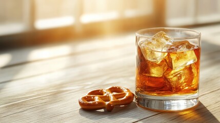 This image showcases a glass of whiskey with ice and a pretzel, beautifully illuminated by soft sunlight, evoking a sense of relaxation and indulgence.