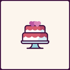 Stylized wedding cake icon with heart toppers for celebratory designs