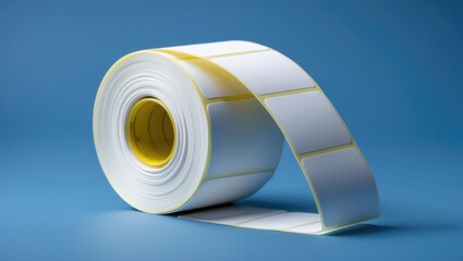 Roll of white labels for thermal perforation on a blue backdrop. Self-adhesive labels intended for printing or manufacturing.