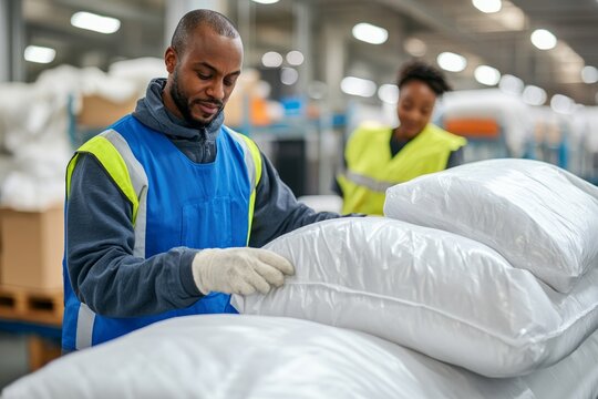 Factory worker handling large packaging in an industrial facility