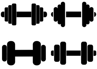 Four dumbbell icons vector, rendered in black and white, representing sports or exercise.