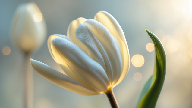 Close-up of a white tulip flower bud. Minimalist floral card. Fine art of flowers.