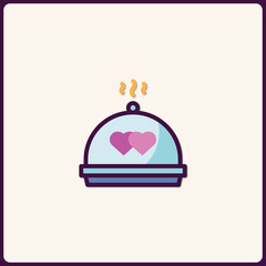 Romantic meal service dome, hearts displayed with delicious cuisine icon art