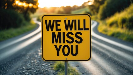 Message stating "We will miss you" displayed on a road sign. Conceptual symbol for "we will miss you." Copy space available.