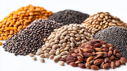 Naklejka premium Selection of nutritious nuts and seeds isolated on a white background providing healthy snack options for wellness